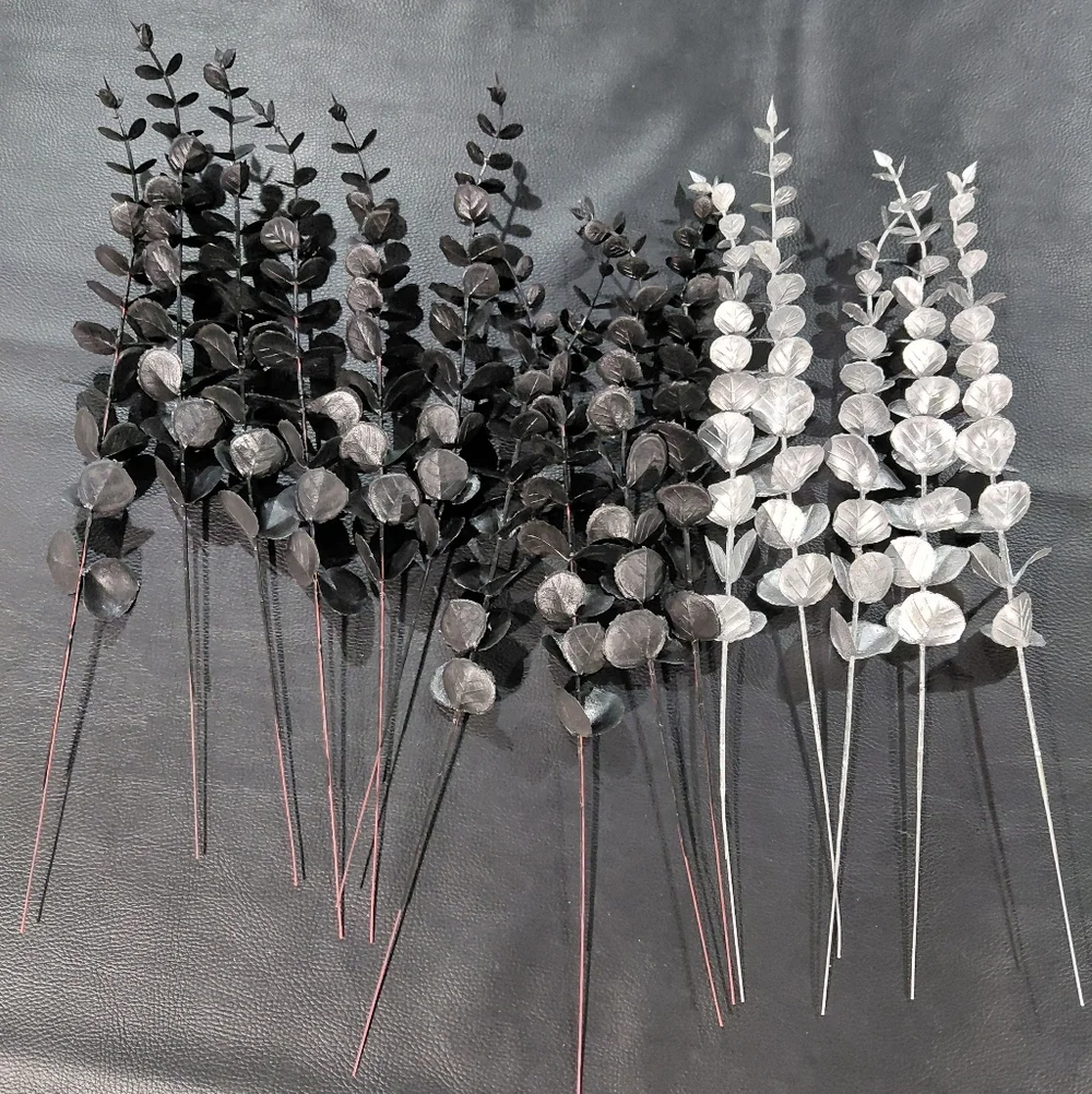 Set of 15 Faux Eucalyptus Stems - 10 Black & 5 Silver - 15